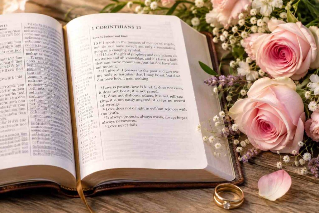 open Bible with flowers beside a wedding ring
