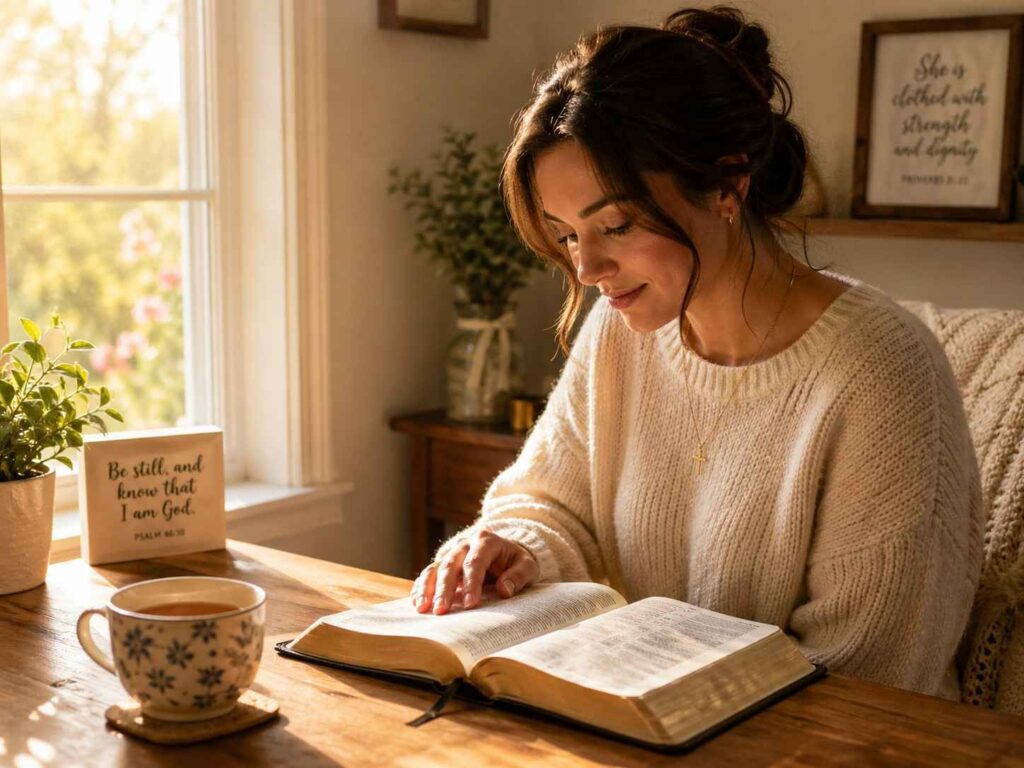 "Woman reading what the Bible says about true beauty during quiet morning devotion."