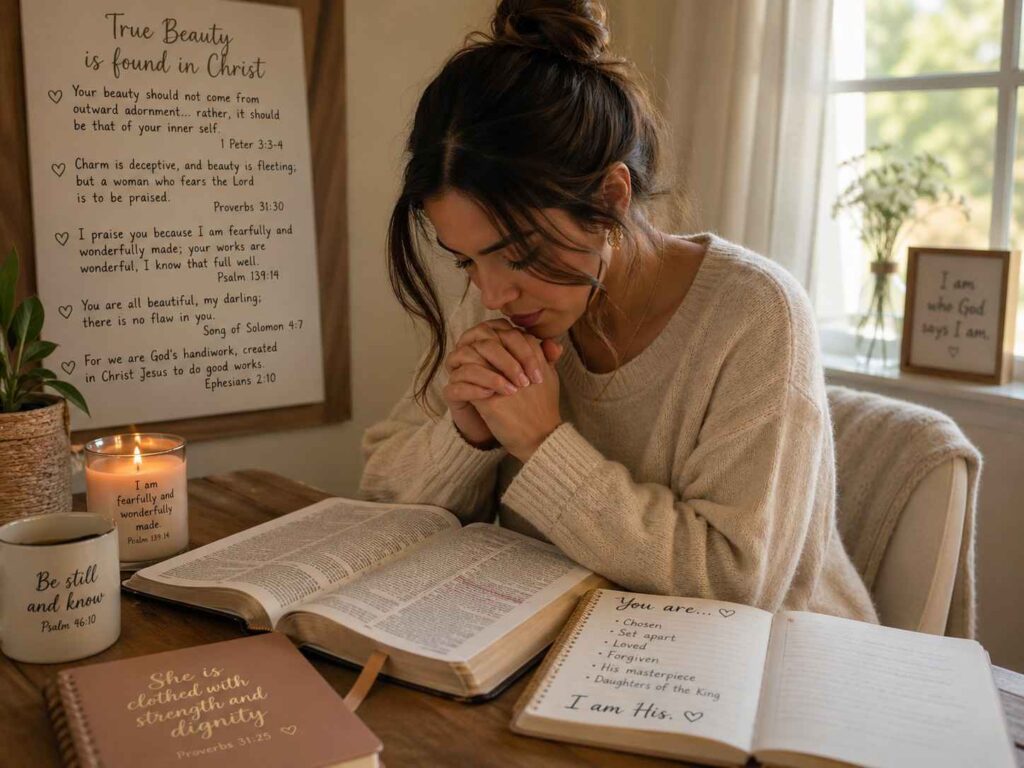 Woman praying through what the Bible says about true beauty and her identity in Christ."