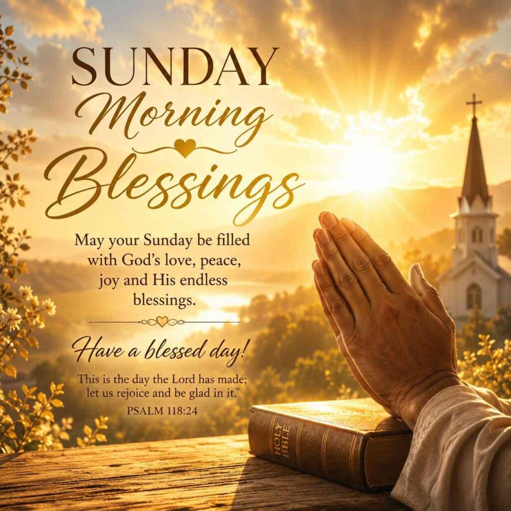 Silhouette of a church steeple and three praying figures at the entrance steps against a vivid amber and crimson sunrise sky — Sunday morning prayer and worship illustration for Christians