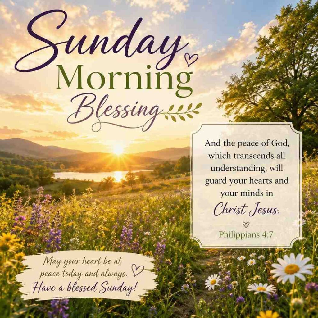 Sunrise meadow with silhouetted wildflowers in peach and sage tones, featuring a parchment-style Sunday morning blessing quote from Philippians 4:7 — peaceful Christian scripture card